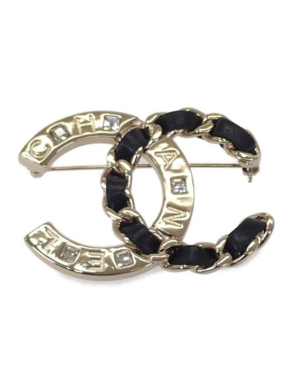 Chanel CC Logo Brooch Metal Leather Crystal Gold